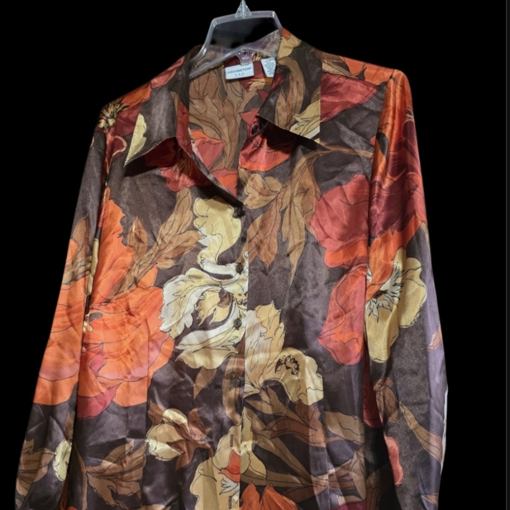 Vibrant Floral Women's Silk Shirt in Brown and Orange